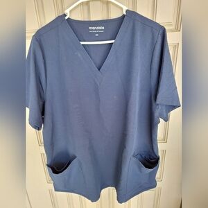 Mandala Navy Blue V-Neck Scrub Top Plus Sz2XL Short Sleeves Pockets